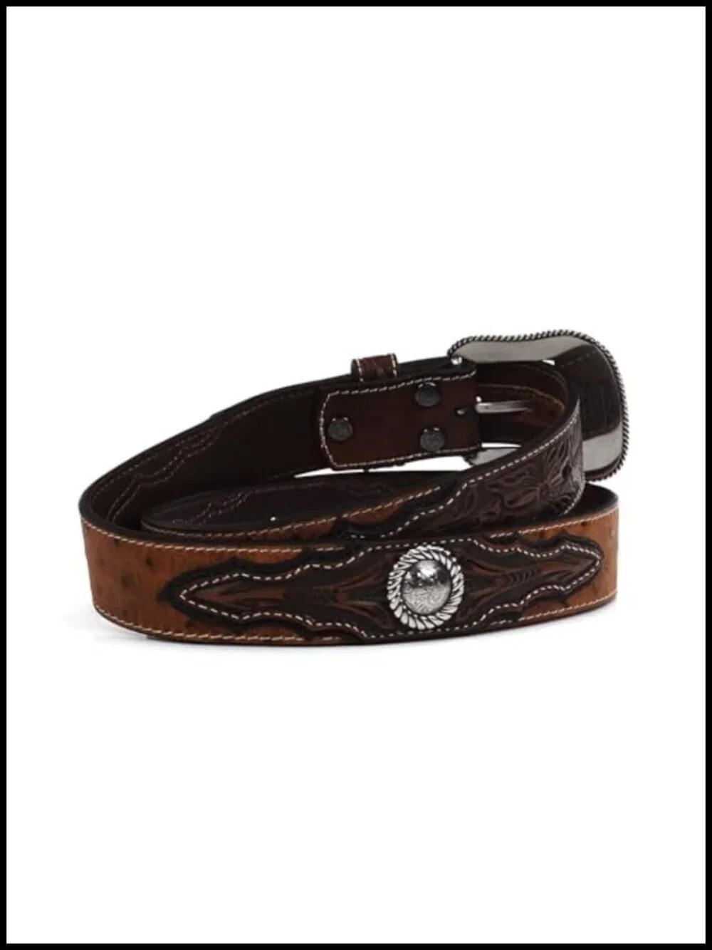 Faux Ostrich Leather Belt, Floral Emboss, Silver Concho, Triple Snap Buckle